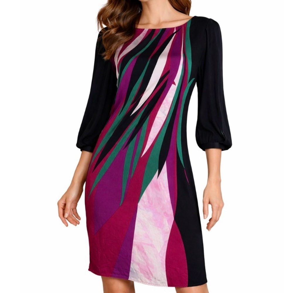 Elie Tahari dress Silk Blend Black Multicolor Sheath 3/4 Split Sleeve SZ LG